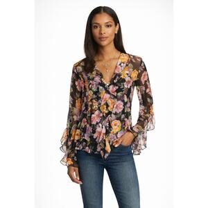 Jade by Johnny Was Kylie Silk Floral Ruffle Blouse Small Boho Romantic